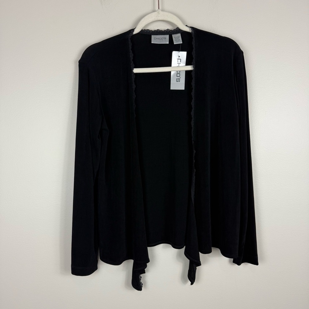 Chico's Cardigan Womens Small Tie Front Lace Trim Long Sleeve Black Top Stretch